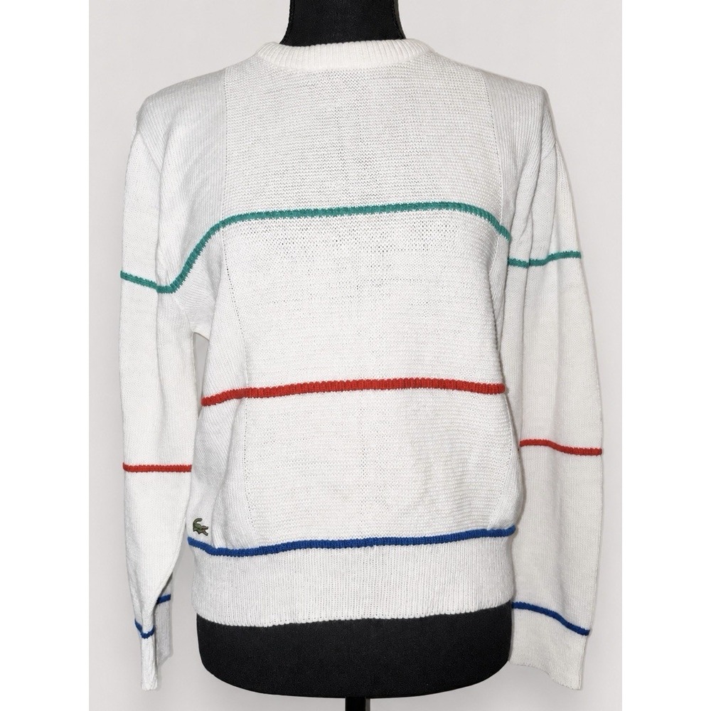 Vintage 80's IZOD Lacoste L Crewneck Sweater Ivory Knit Striped Logo Pullover
